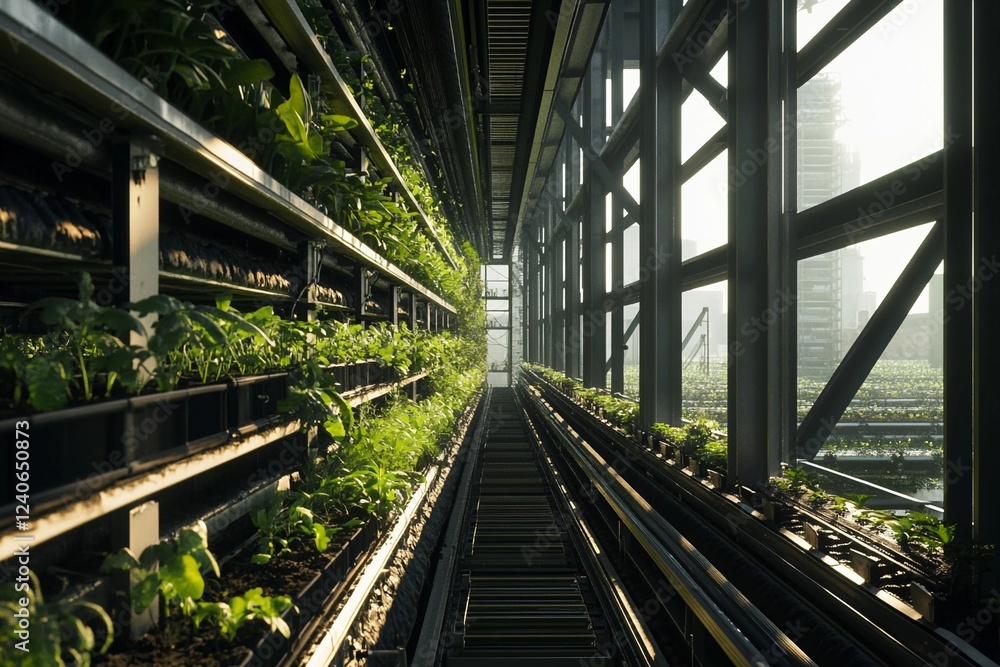 Fototapeta premium Vertical farming technology in urban settings provides sustainable solutions for food production and resource efficiency
