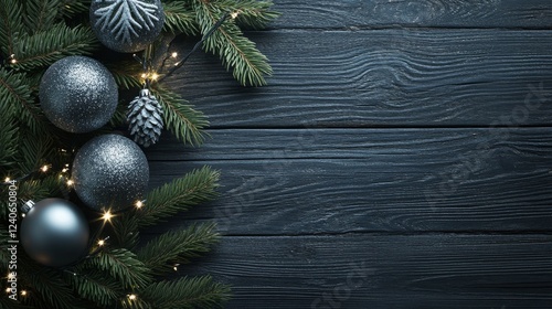 christmas and new year background with christmas balls and lights on dark wooden planks 