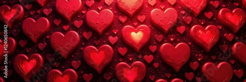 Intricate repeating heart pattern, deep red hues, love, vibrant