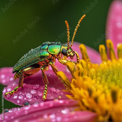 Colorful beetle feeding on a vibrant flower during a dewy morning in a garden photo