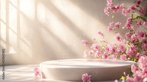 Wallpaper Mural Elegant, empty podium bathed in sunlight, adorned with vibrant pink blooms. An ethereal backdrop for showcasing cosmetics, jewelry, fragrances, and design creations.  Torontodigital.ca