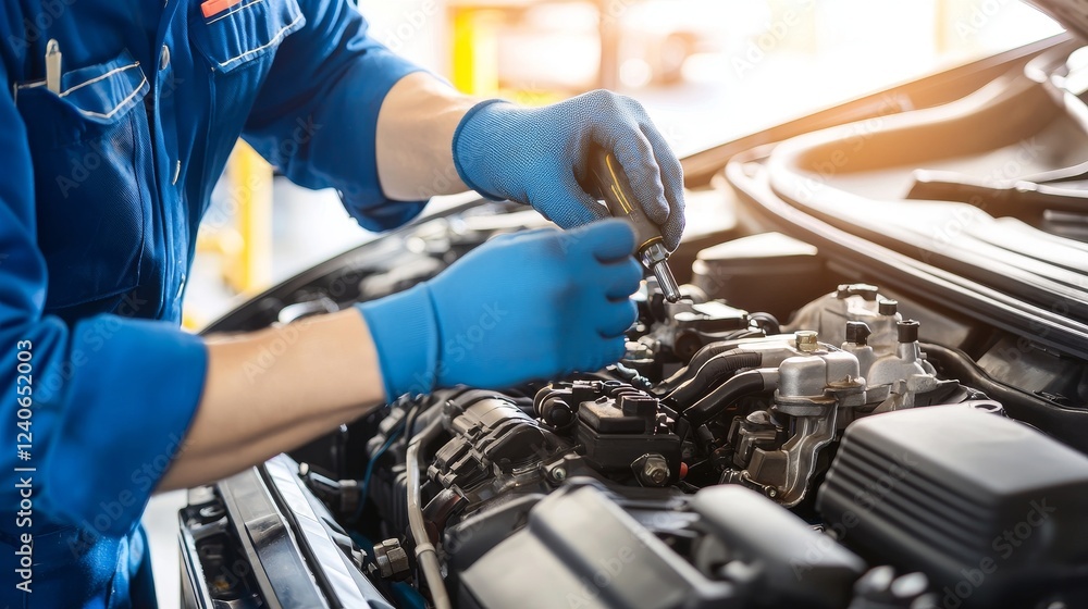 A mechanic with gloved hands works on a vehicle's engine under the hood in an automotive workshop. A mechanic with gloved hands works on a vehicle's engine under the hood in an automotive workshop.
