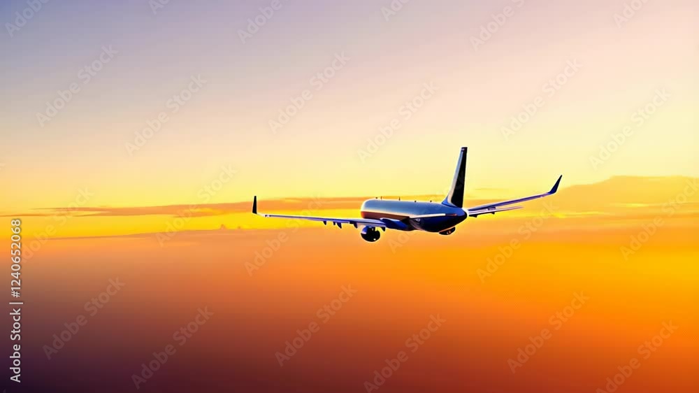 An Airplane Silhouette Set Against a Beautiful Vibrant Sunset Sky An Airplane Silhouette Set Against a Beautiful Vibrant Sunset Sky