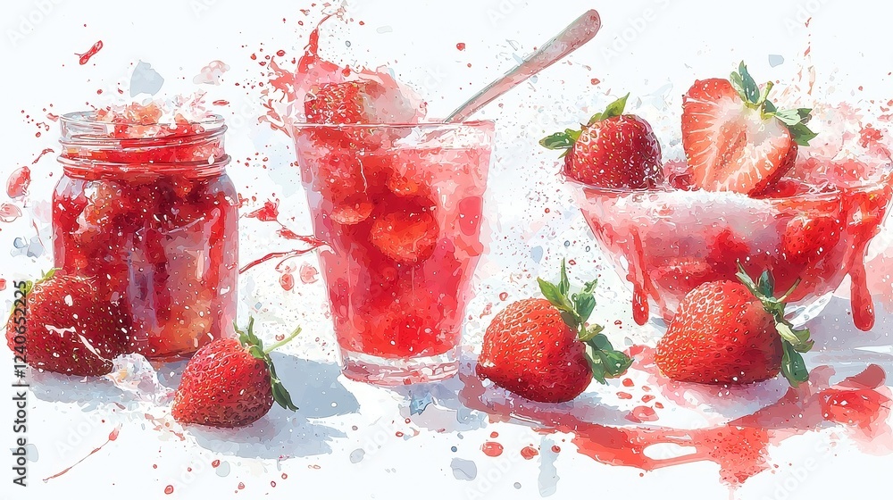 Fototapeta premium Strawberry Bliss, vibrant watercolor illustrations showcasing strawberries, jam jars, and summer treats, ideal for crafting, invitations, and seasonal decor.