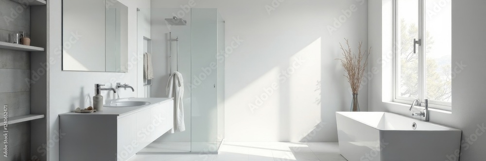 Fototapeta premium Spacious white bathroom, gray accents, rainfall shower, wood, new, towels