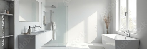 Spacious white bathroom, gray accents, rainfall shower, wood, new, towels