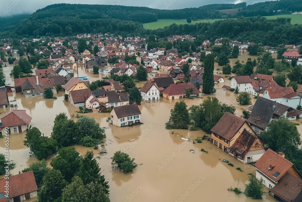 Fototapeta premium Severe flooding engulfs urban areas following intense rainfall overnight, impacting homes and infrastructure