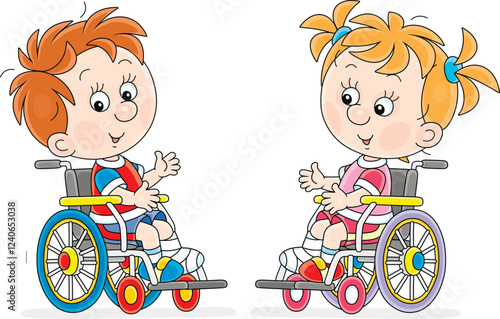 Little girl and boy with plaster casts on their broken legs sitting in wheelchairs and talking friendly, vector cartoon illustration on a white background