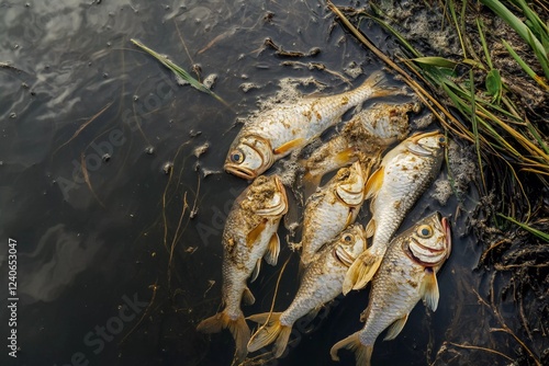 Fish floating on the surface of a polluted water body revealing the impact of environmental degradation in a local ecosystem photo