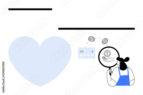 Woman in blue apron examining financial documents through magnifying glass. Coins and credit card illustration. Ideal for finance, investment, analysis, scrutiny, budgeting, economy, auditing