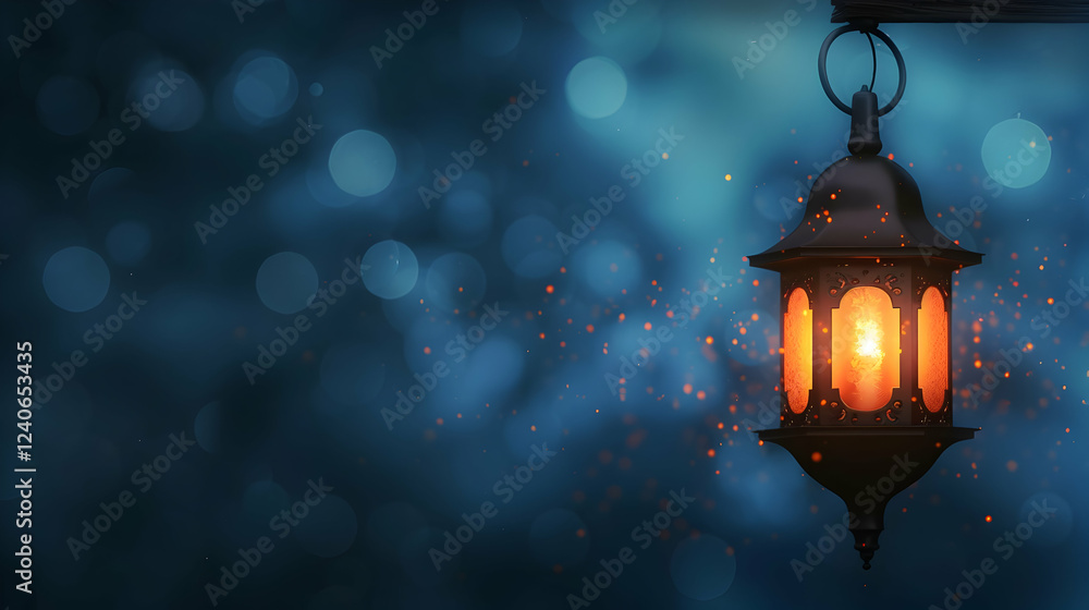 Illuminated lantern casting a warm glow in a serene night setting with soft blue bokeh background Illuminated lantern casting a warm glow in a serene night setting with soft blue bokeh background