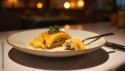 A serving of Swedish Janssons Frestelse, plated with a side of fresh bread. The creamy potatoes and anchovies create a rich and flavorful dish. photo