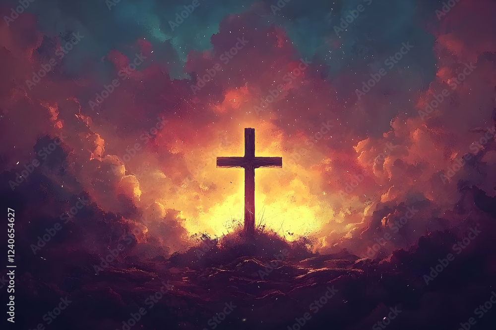 Cross Stands Tall, Fiery Sunset Backdrop, Hopeful Cross Stands Tall, Fiery Sunset Backdrop, Hopeful