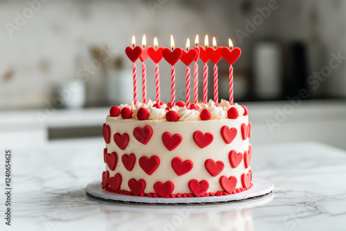 A delicious Valentine day romantic love cake decorated with hearts