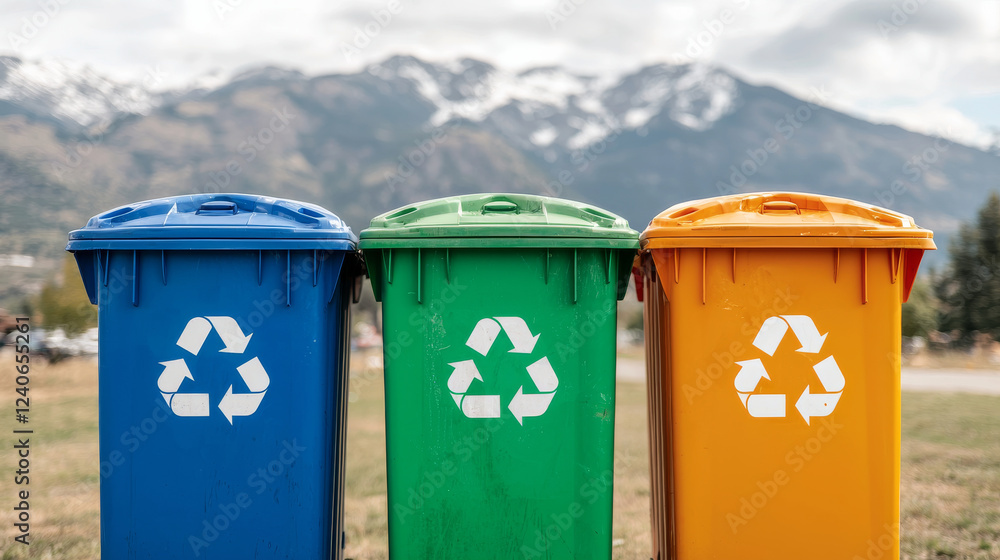 Recycling bins in blue, green, and yellow against mountain backdrop promote environmental awareness Recycling bins in blue, green, and yellow against mountain backdrop promote environmental awareness