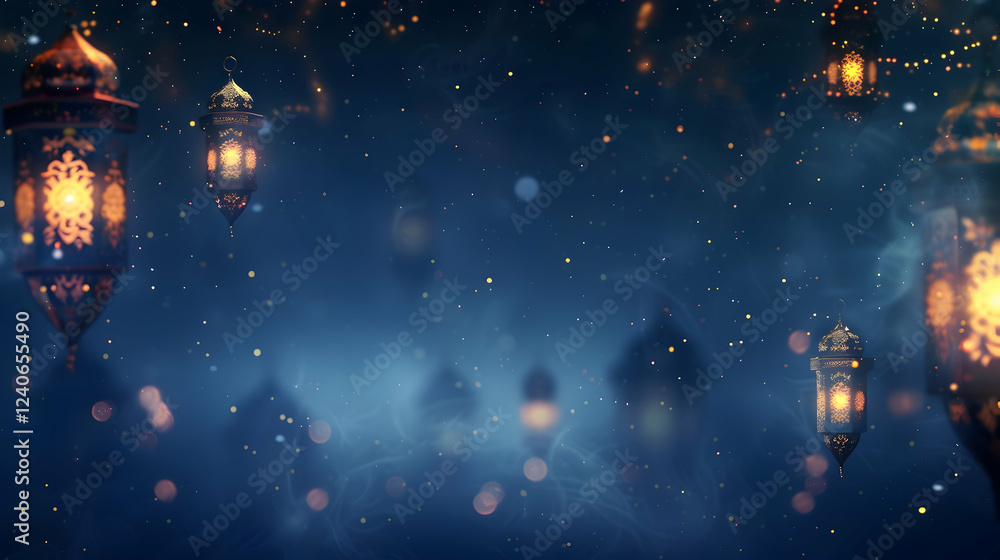 Fototapeta premium Enchanting night scene with glowing lanterns illuminating a mystical blue background