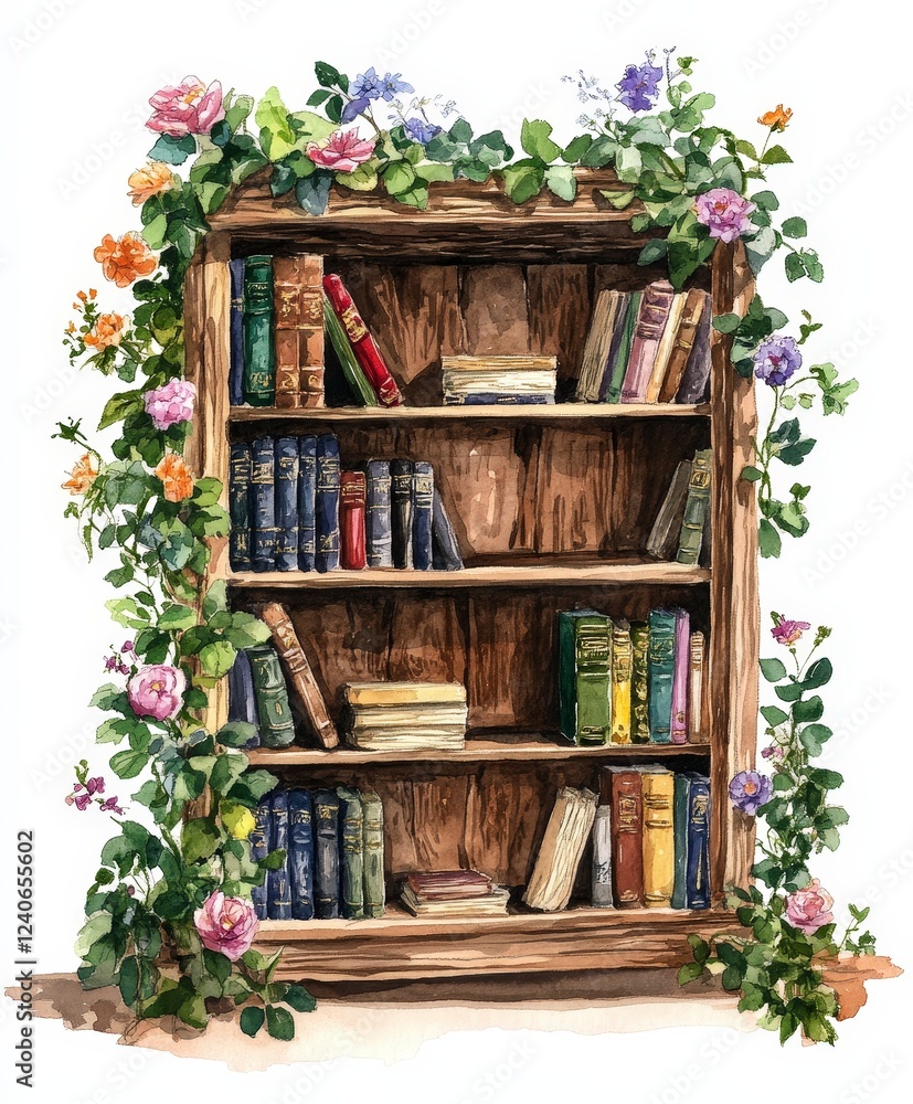 Charming Wooden Bookshelf Adorned with Greenery and Flowers Charming Wooden Bookshelf Adorned with Greenery and Flowers