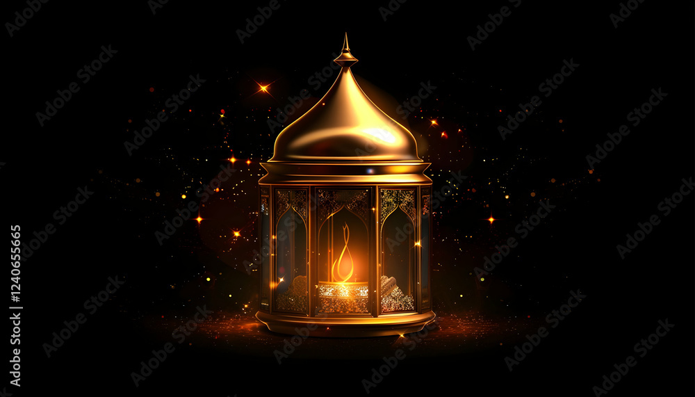 A beautifully illuminated golden lantern casting a warm glow in a dark, starry background A beautifully illuminated golden lantern casting a warm glow in a dark, starry background