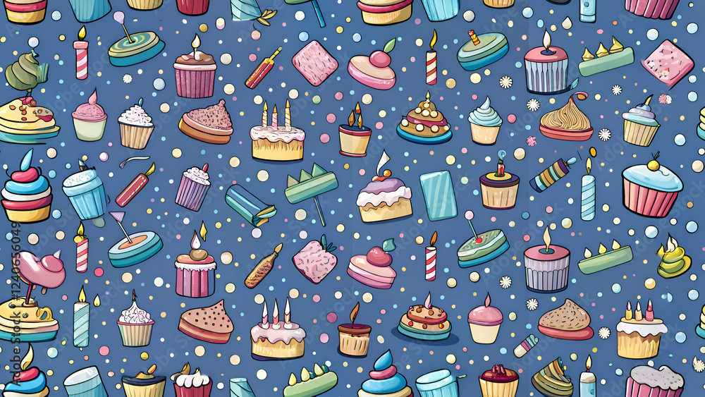Naklejka premium Birthday Cake and Cupcake Pattern. Colorful Celebration Background