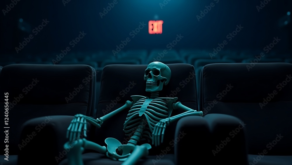 Illustration of a skeleton seated in theater - a symbolic memento mori - apt for philosophical essays or art portfolios Illustration of a skeleton seated in theater - a symbolic memento mori - apt for philosophical essays or art portfolios