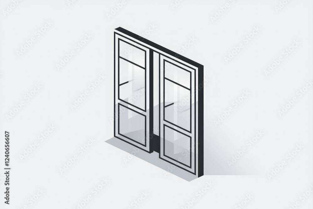 Isometric illustration of a pair of glass paneled doors, slightly ajar, showcasing modern design. Isometric illustration of a pair of glass paneled doors, slightly ajar, showcasing modern design.