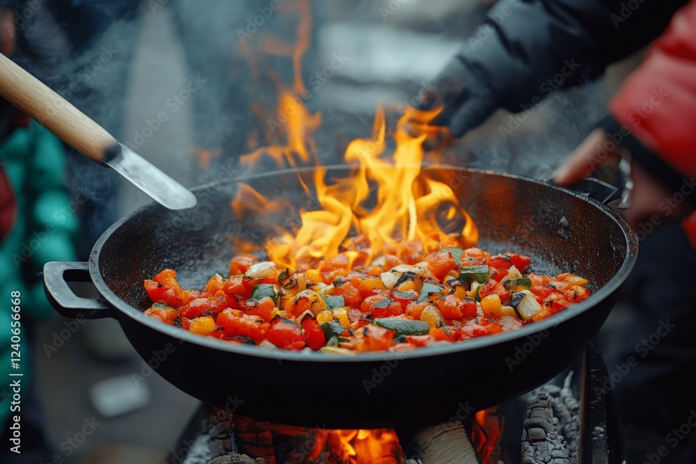 Colorful vegetables sizzling over an open flame during an outdoor cooking event in a lively atmosphere Colorful vegetables sizzling over an open flame during an outdoor cooking event in a lively atmosphere