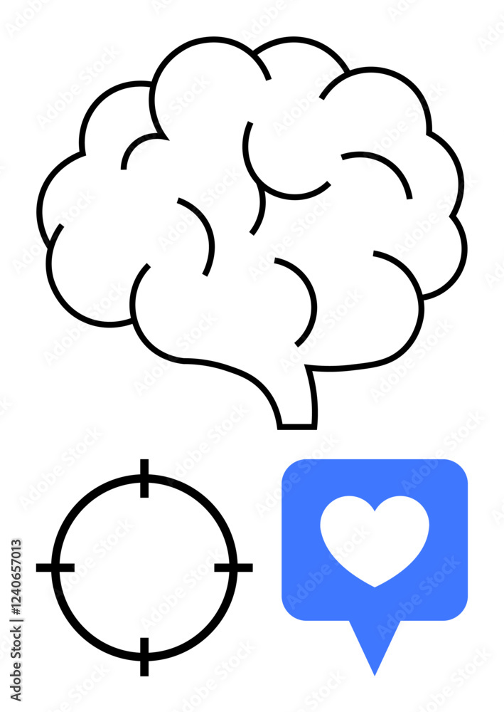 Brain outline above circular target and blue chat bubble with heart. Ideal for mental health, decision making, emotional intelligence, mindfulness, social media, therapy, education. Line metaphor Brain outline above circular target and blue chat bubble with heart. Ideal for mental health, decision making, emotional intelligence, mindfulness, social media, therapy, education. Line metaphor