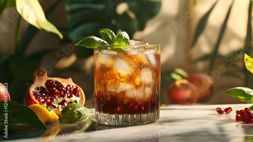 A glass of iced tea with pomegranate arils and fresh basil, placed on a marble counter with fresh fruits around. photo