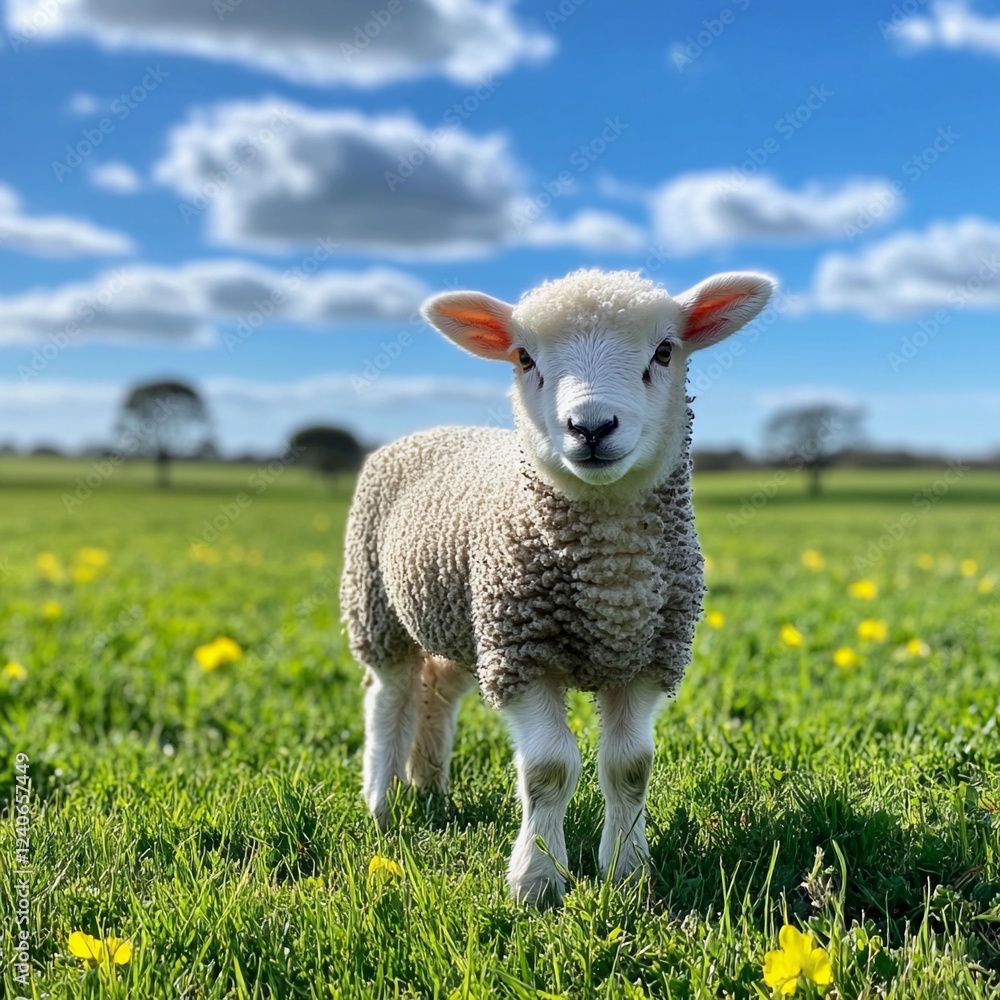 Curious lamb stands in sunny meadow filled with yellow flowers under a bright blue sky Curious lamb stands in sunny meadow filled with yellow flowers under a bright blue sky