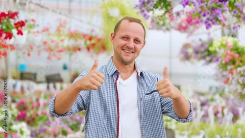 A very happy lucky man stands in a greenhouse and shows thump up with both hands
