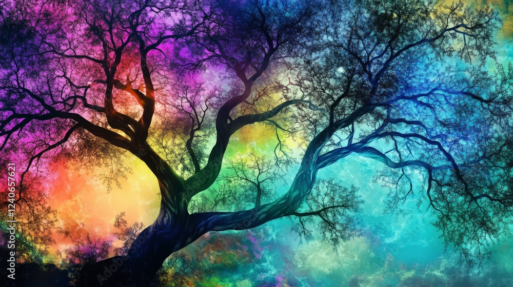 A Colorful Symphony of Nature: A Majestic Tree Silhouettes Against a Dreamlike Sky A Colorful Symphony of Nature: A Majestic Tree Silhouettes Against a Dreamlike Sky