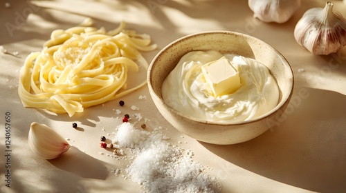 A beautiful arrangement of pasta, creamy butter, and garlic on a rustic wooden surface.