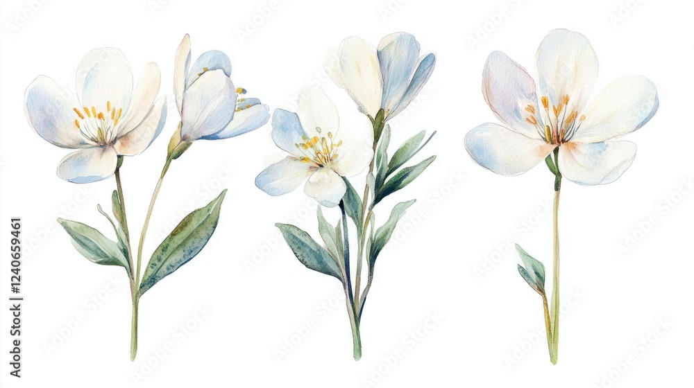 Fototapeta premium Charming watercolor meadow flowers in soft pastel shades, hand-painted botanical art, isolated on white