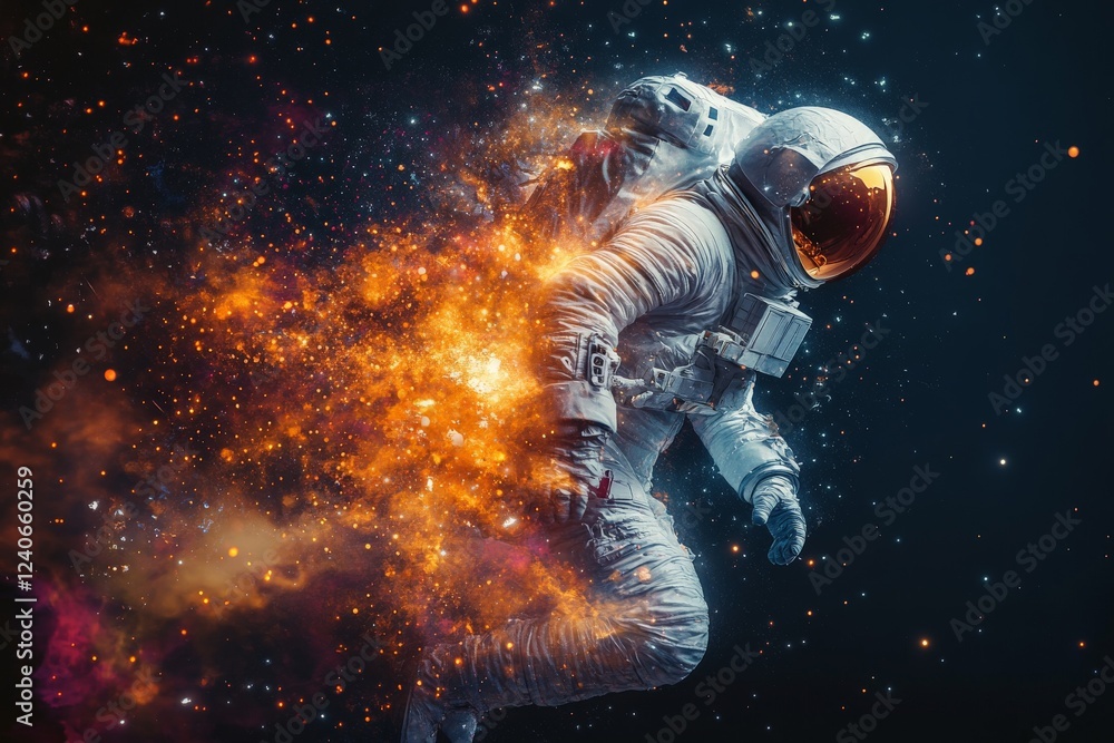 Fototapeta premium Astronaut floating in space surrounded by colorful cosmic explosions and stellar formations