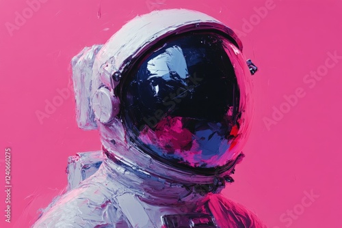 Astronaut helmet shines under vibrant pink background with abstract brush strokes in a unique artistic representation photo