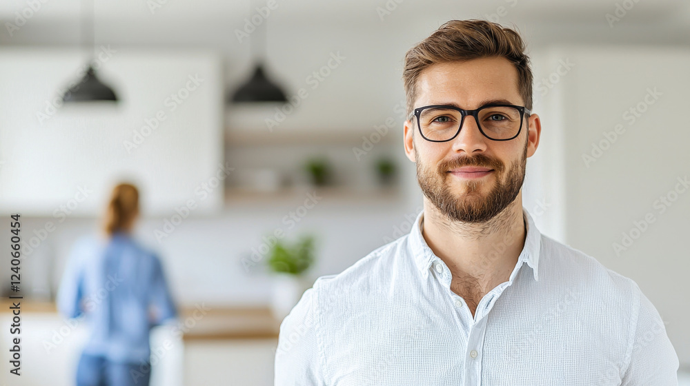 confident man with glasses smiles in modern kitchen, while woman is seen in background confident man with glasses smiles in modern kitchen, while woman is seen in background