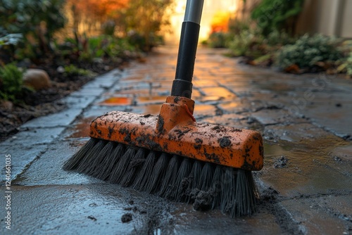 Wallpaper Mural Cleaning a garden path with a broom in a vibrant autumn setting during the afternoon Torontodigital.ca