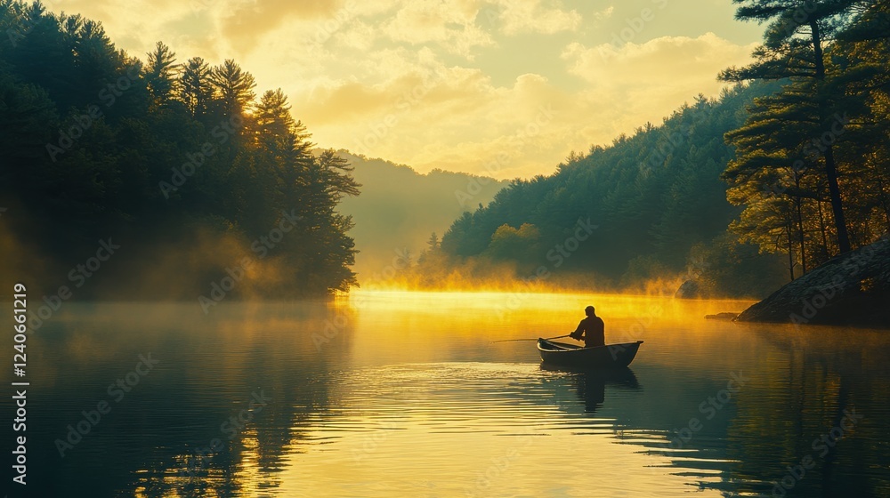 Serene Dawn on Misty Lake with Solo Boater in Tranquil Nature Scene Serene Dawn on Misty Lake with Solo Boater in Tranquil Nature Scene