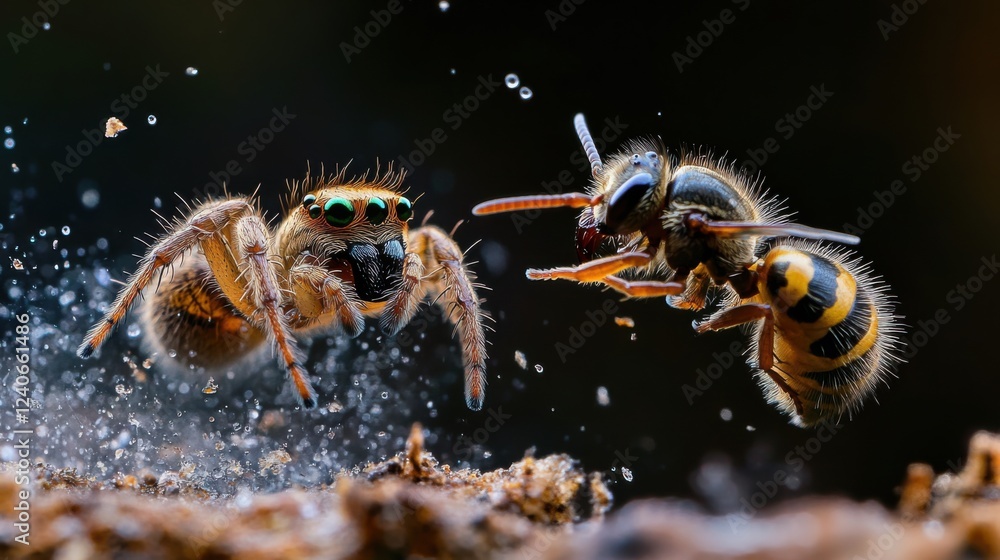 spider and bees competing for control over a fly in outdoor natural setting spider and bees competing for control over a fly in outdoor natural setting