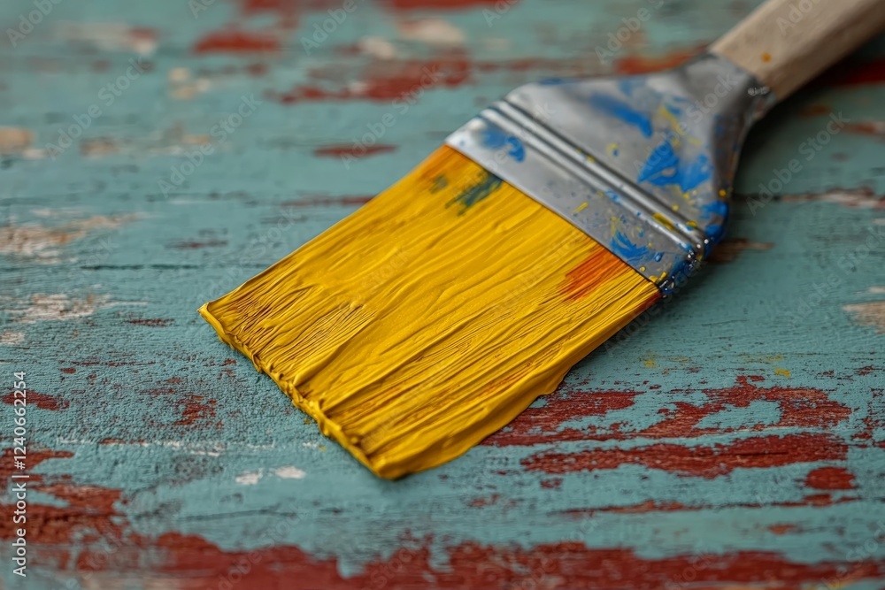 Fototapeta premium Brush covered in bright yellow paint rests on distressed wooden surface with colorful paint splatters and weathered textures