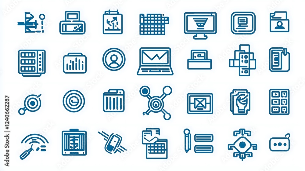 Thin line blue icons set representing programming, coding, social networks, data management, and internet connectivity for business and education Thin line blue icons set representing programming, coding, social networks, data management, and internet connectivity for business and education