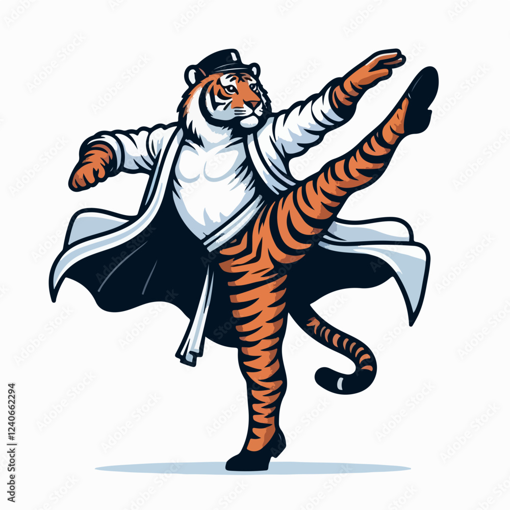 Dancing Tiger in Karate Gi: A powerful and dynamic illustration of a tiger wearing a karate gi, executing a high leg kick. The vibrant colors and bold lines create a striking image. Dancing Tiger in Karate Gi: A powerful and dynamic illustration of a tiger wearing a karate gi, executing a high leg kick. The vibrant colors and bold lines create a striking image.