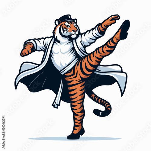 Dancing Tiger in Karate Gi: A powerful and dynamic illustration of a tiger wearing a karate gi, executing a high leg kick. The vibrant colors and bold lines create a striking image.  