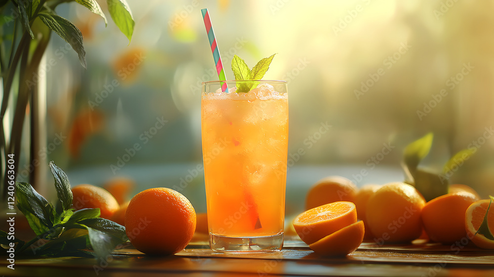Fototapeta premium A glass of orange soda with a colorful straw, surrounded by orange fruits and fresh mint leaves on a rustic table.