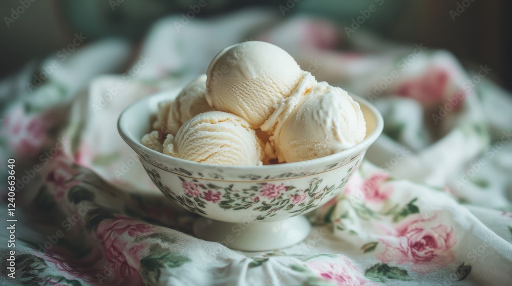 Fototapeta premium Vanilla Ice Cream Scoops in Floral Bowl