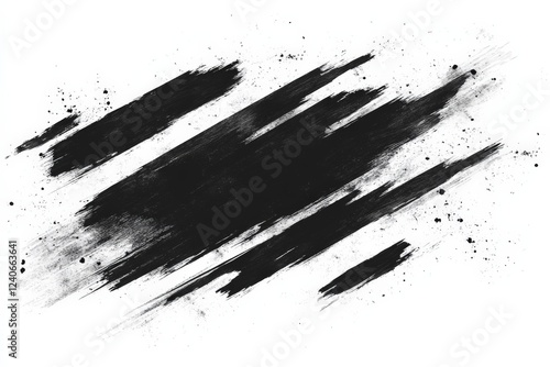 Black paint splashes and strokes create a bold abstract artwork on a white background showcasing texture and movement