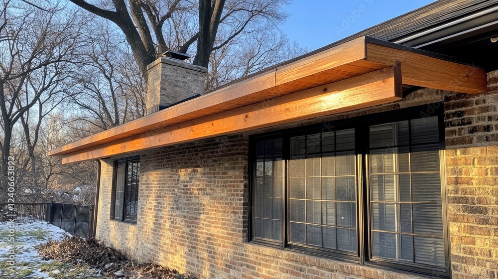 Brick home with a newly installed wooden awning on the side. Brick home with a newly installed wooden awning on the side.