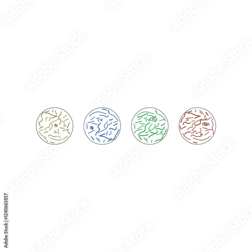 Set of 4 petri dish colorful icons with bacteria, simple vector illustration design. Medical cartoon symbol to use in websites, lectures, presentations, etc.