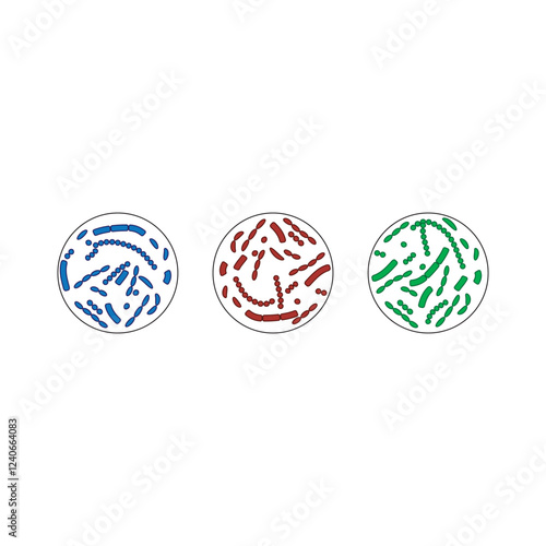 Set of 3 petri dish colorful icons with bacteria, simple vector illustration design. Medical cartoon symbol to use in websites, lectures, presentations, etc.