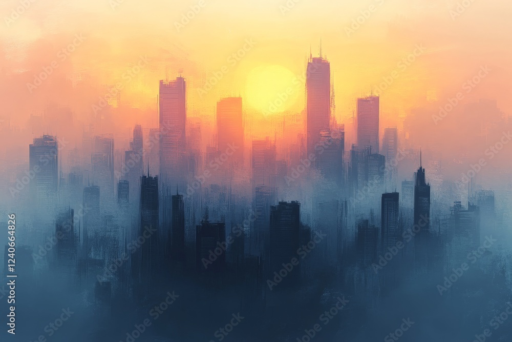 Sunrise over a city skyline with mist and vibrant colors filling the sky Sunrise over a city skyline with mist and vibrant colors filling the sky